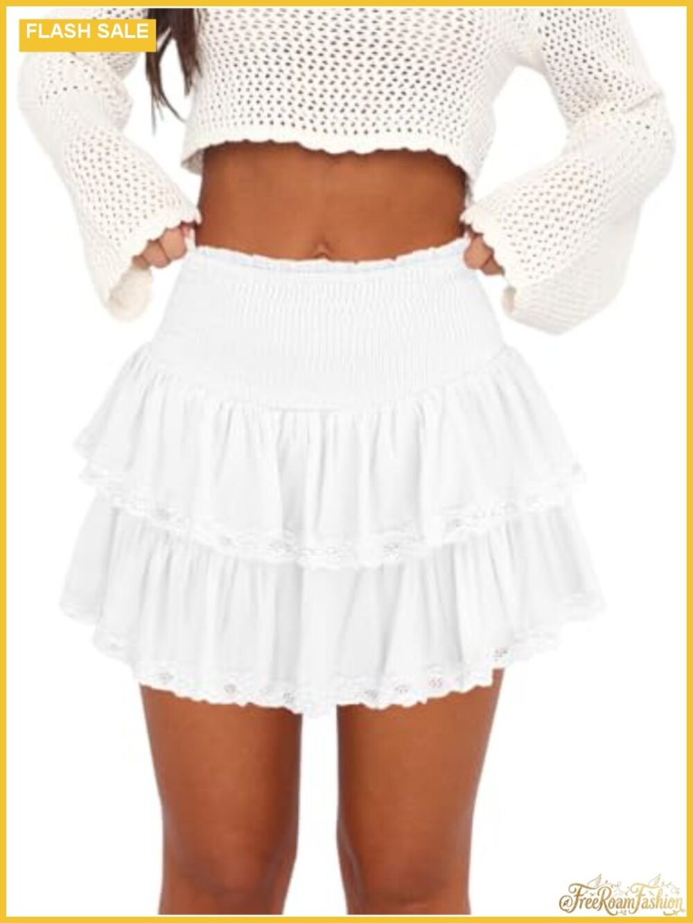 Ruffle Mini Skort Smocked Waist Lace Trim Built In Shorts